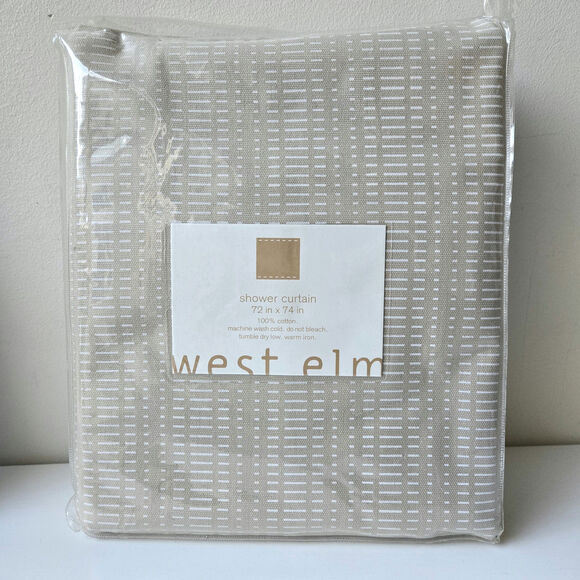 West Elm NEW Cotton Shower Curtain White Beige Dash Pattern Neutral 72" x 74" - Picture 1 of 5